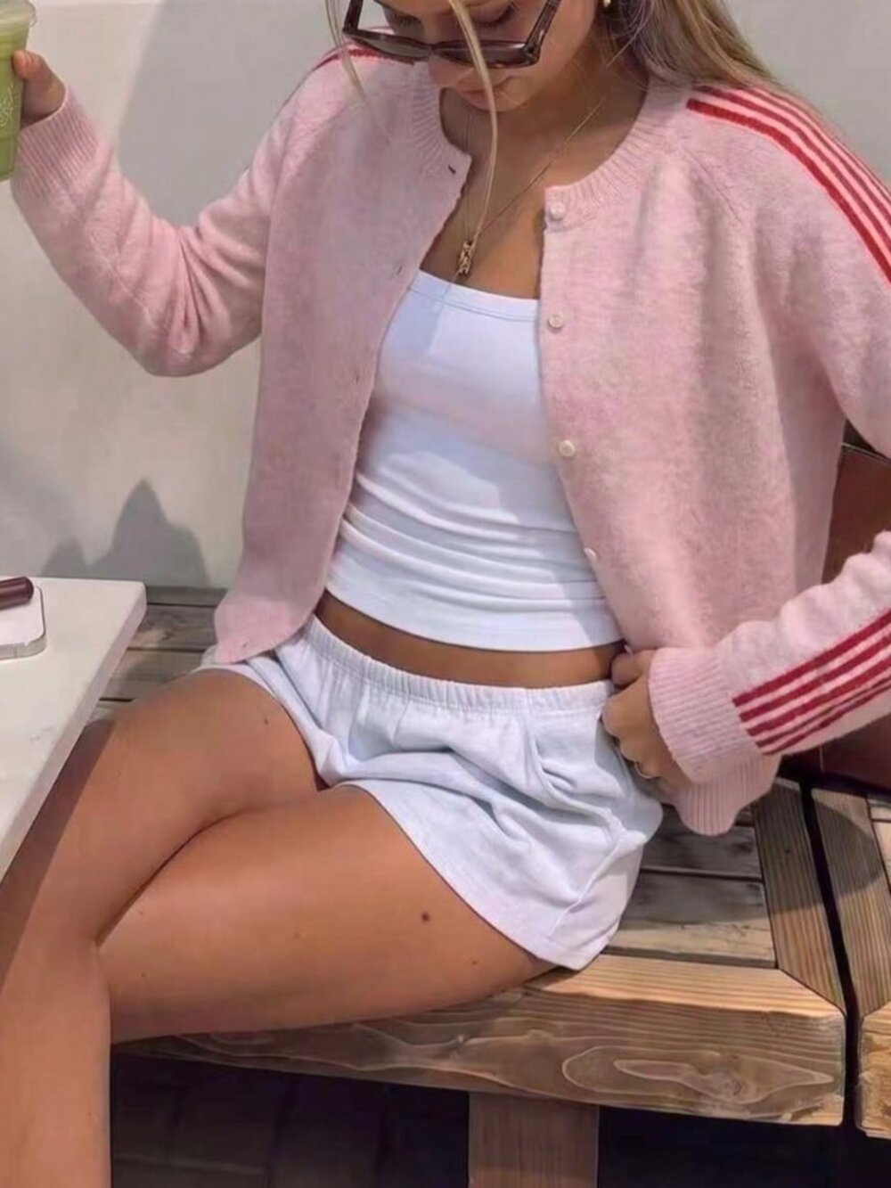 Pink Casual Women's Side Stripe Raglan Sleeve Knit Cardigan